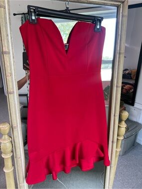 Blue Blush Strapless Red Ruffle-Hem Dress